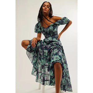 Free People Sundrenched Floral Print Sweetheart Neck Short Puff Sleeve Maxi Dress