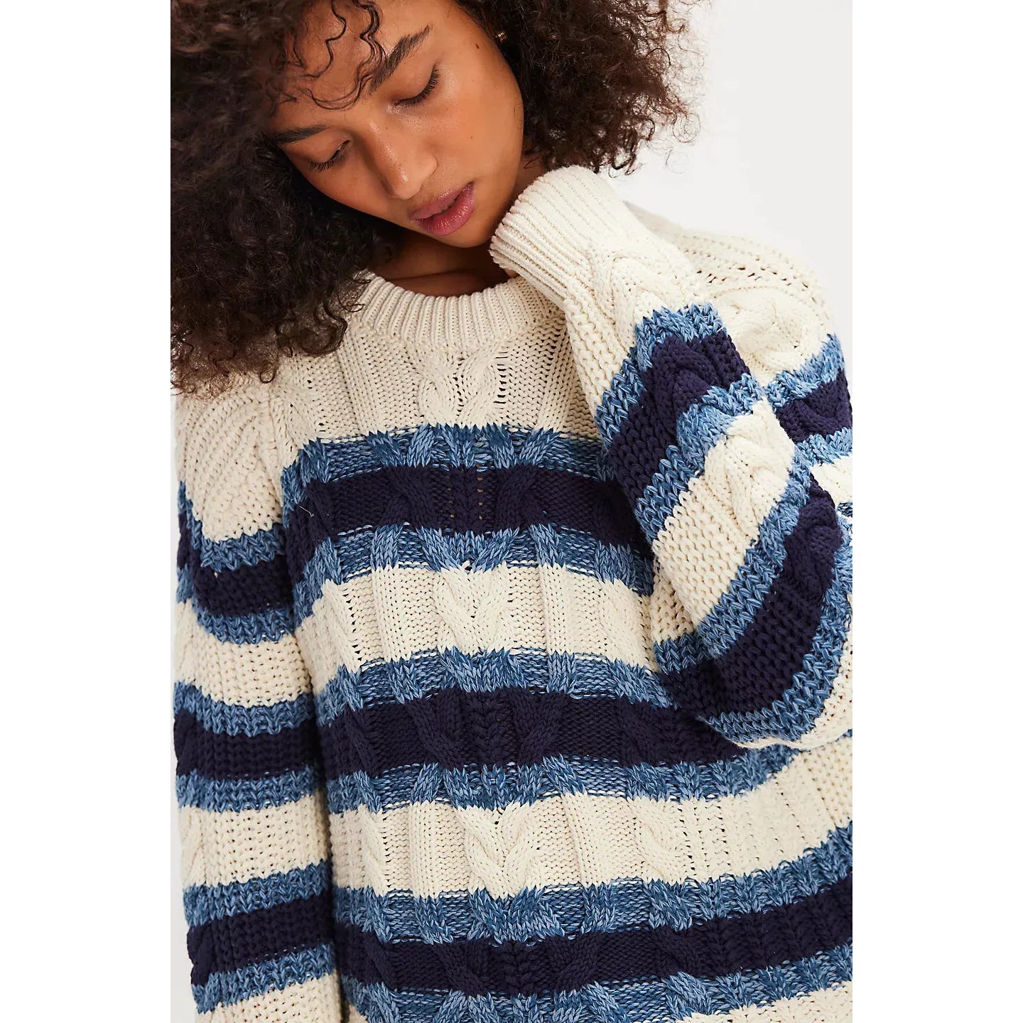 Free People Frankie 100% Cotton Cable Striped Pullover in Ivory Combo