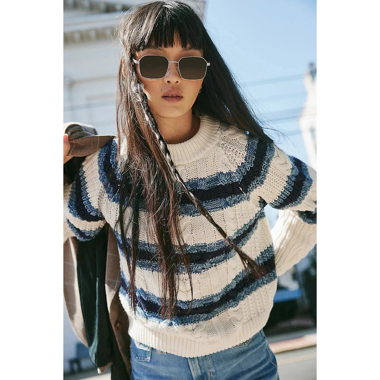 Free People Frankie 100% Cotton Cable Striped Pullover in Ivory Combo