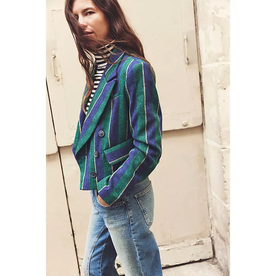 Free People Heritage Striped Schoolboy Double Breasted Crop Blazer