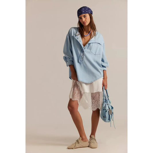 Free People We the Free Denim Dreaming Pullover in So Soft Light Wash