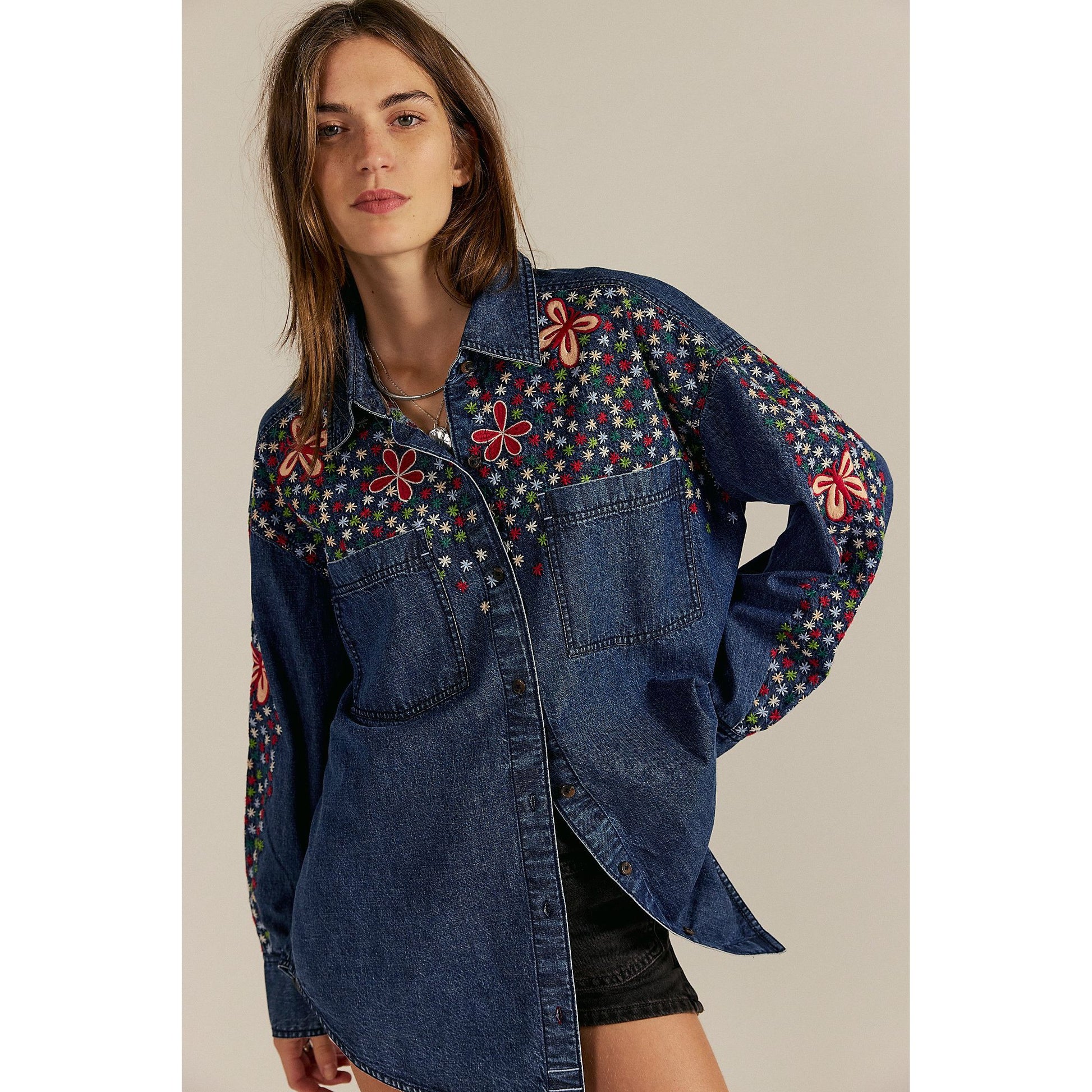 Free People Rainbow Embroidered Denim Shirt in Rinse Wash
