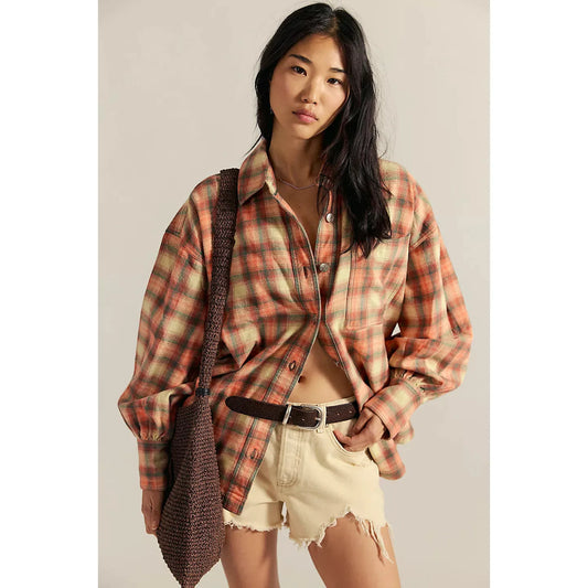 Free People Ashley Plaid Shirt in Sand Combo