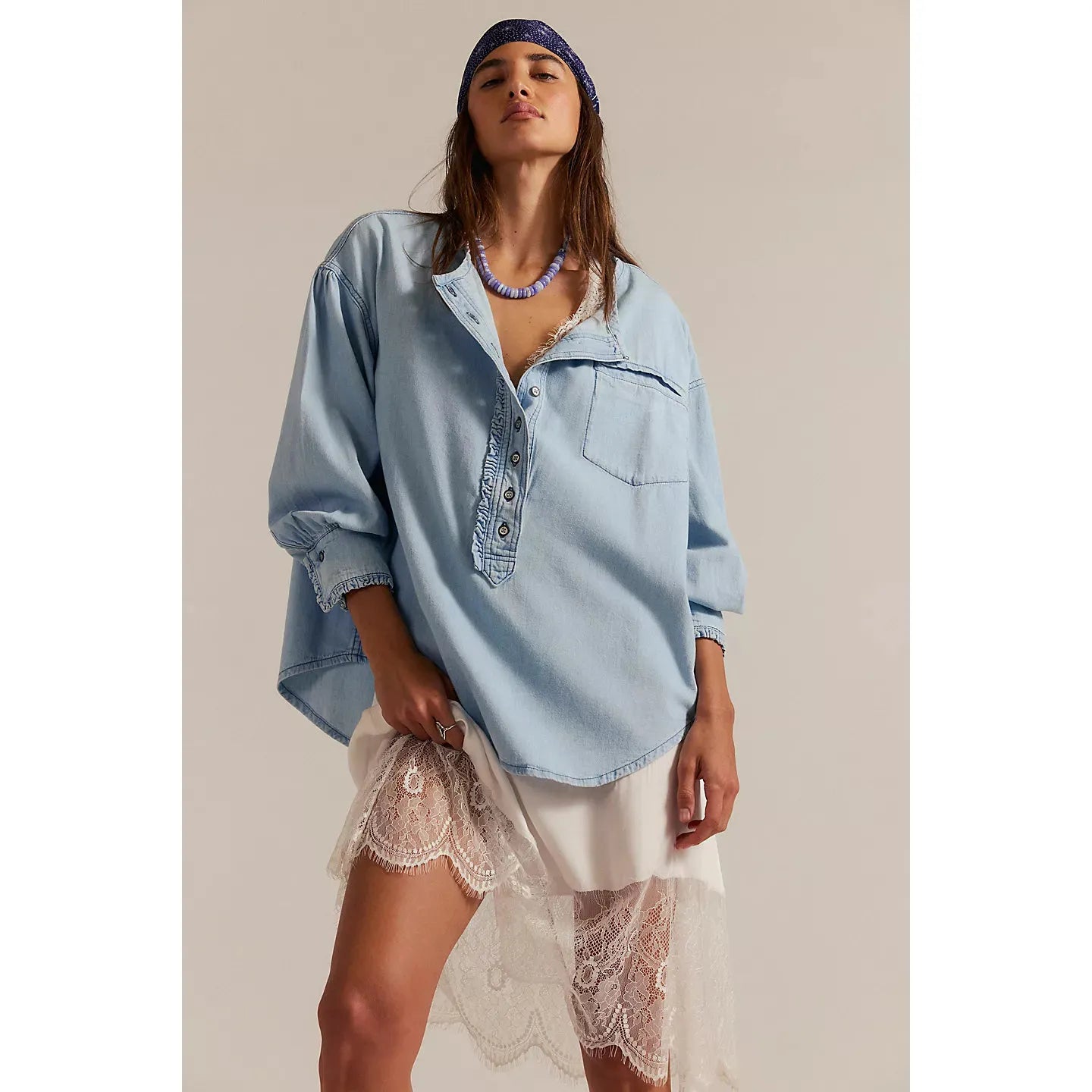 Free People We the Free Denim Dreaming Pullover in So Soft Light Wash