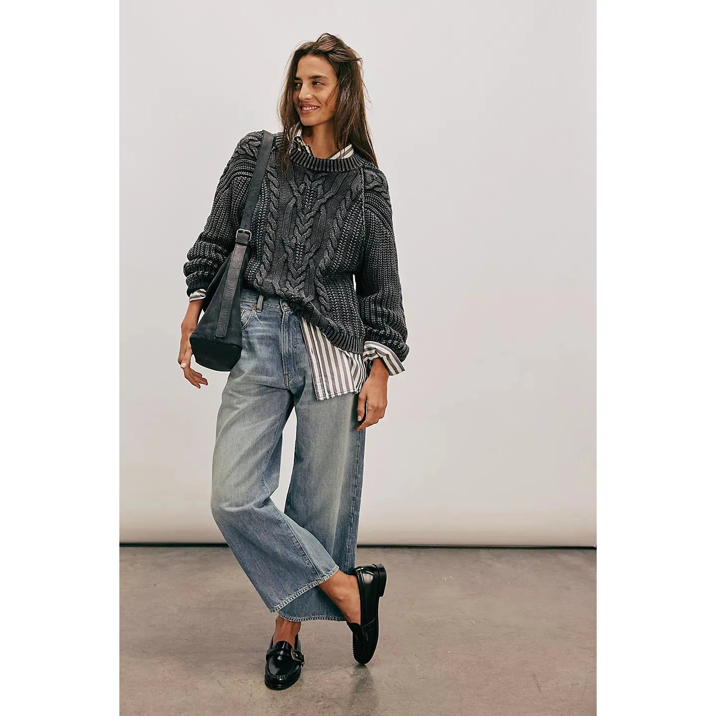 Free People Frankie Cable Sweater in Black