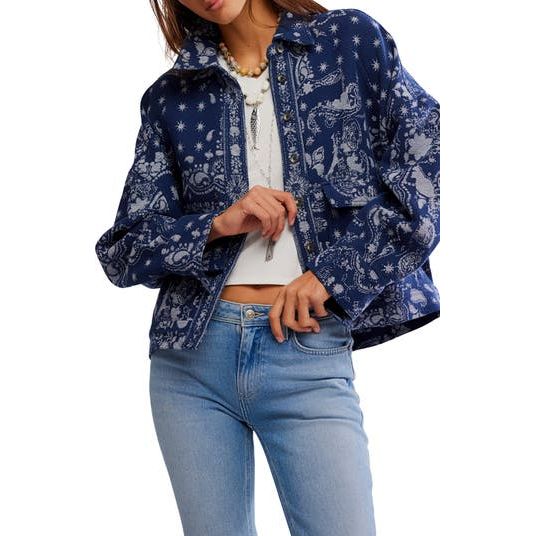 Free People Bandana Jacquard Shirt Jacket in Indigo Combo