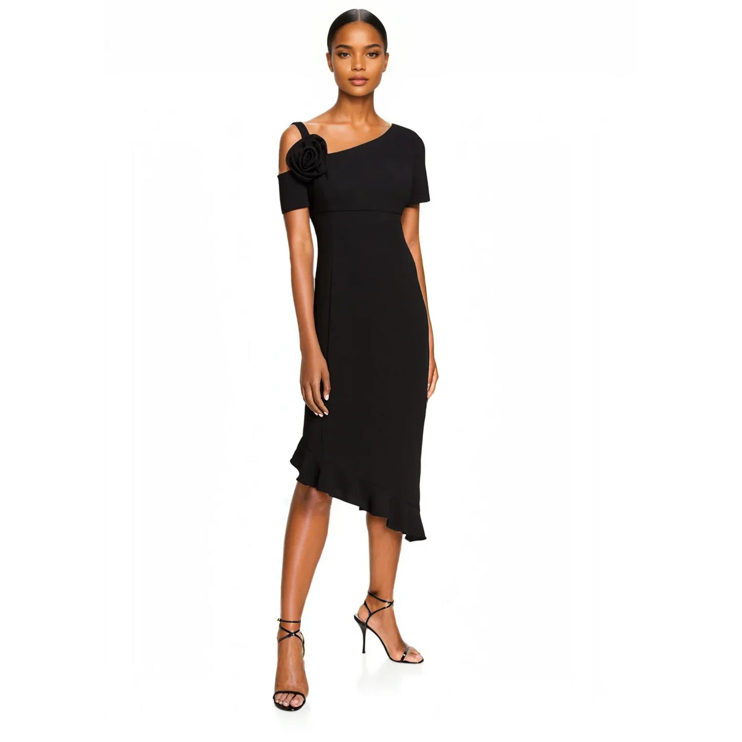Focus by Shani Asymmetric Dress with Floral Detail in Black