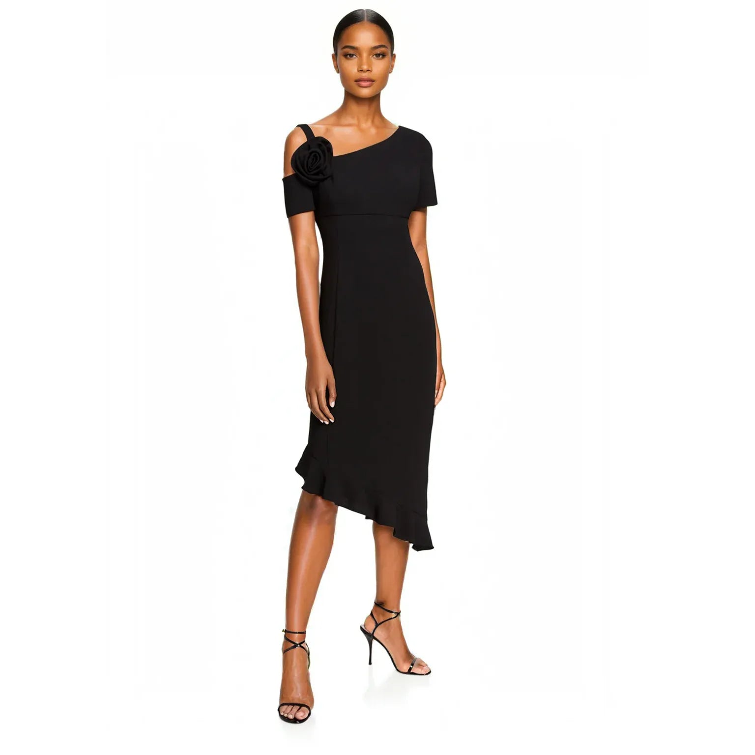 Focus by Shani Asymmetric Dress with Floral Detail in Black