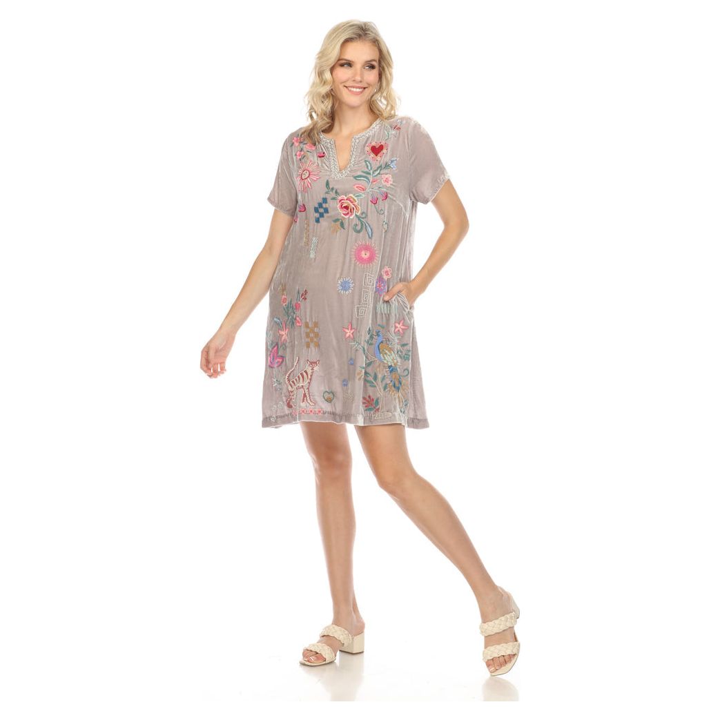 Johnny Was Velvet V-Neck Shift Dress in Silver Peony