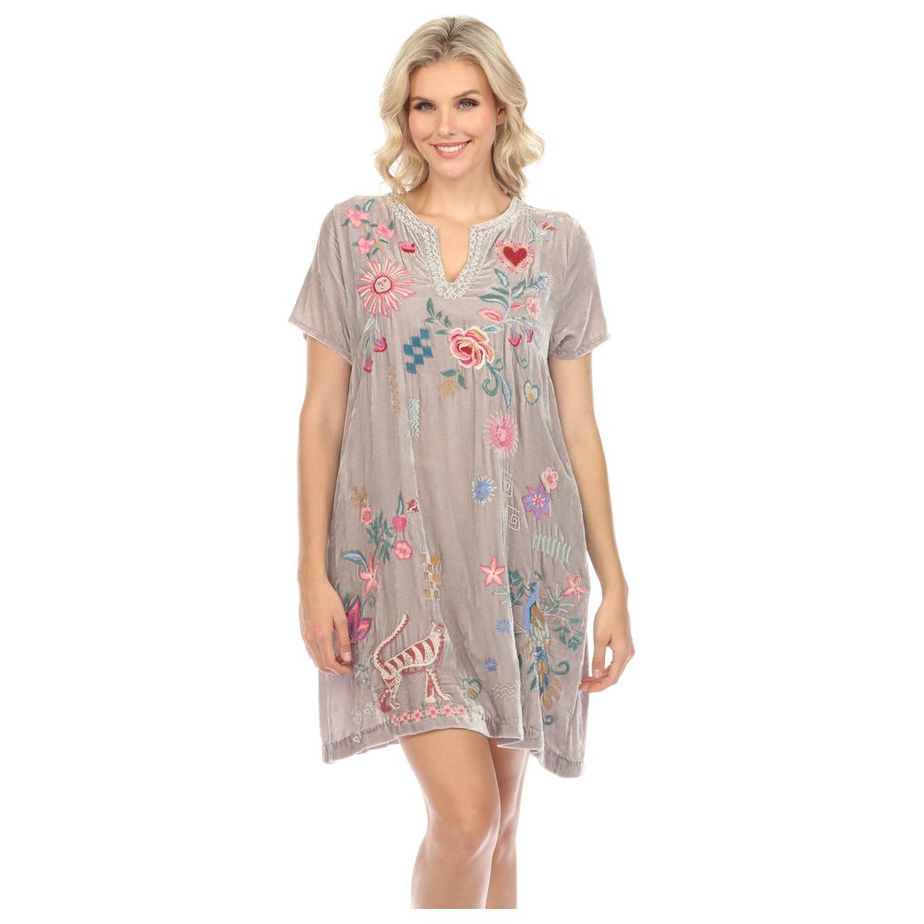 Johnny Was Velvet V-Neck Shift Dress in Silver Peony