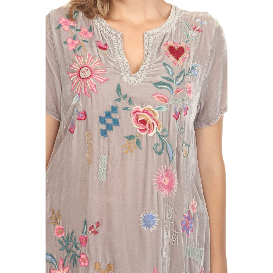 Johnny Was Velvet V-Neck Shift Dress in Silver Peony