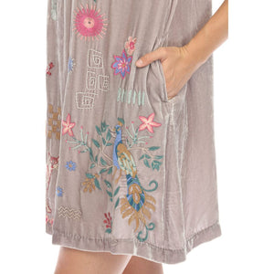 Johnny Was Velvet V-Neck Shift Dress in Silver Peony