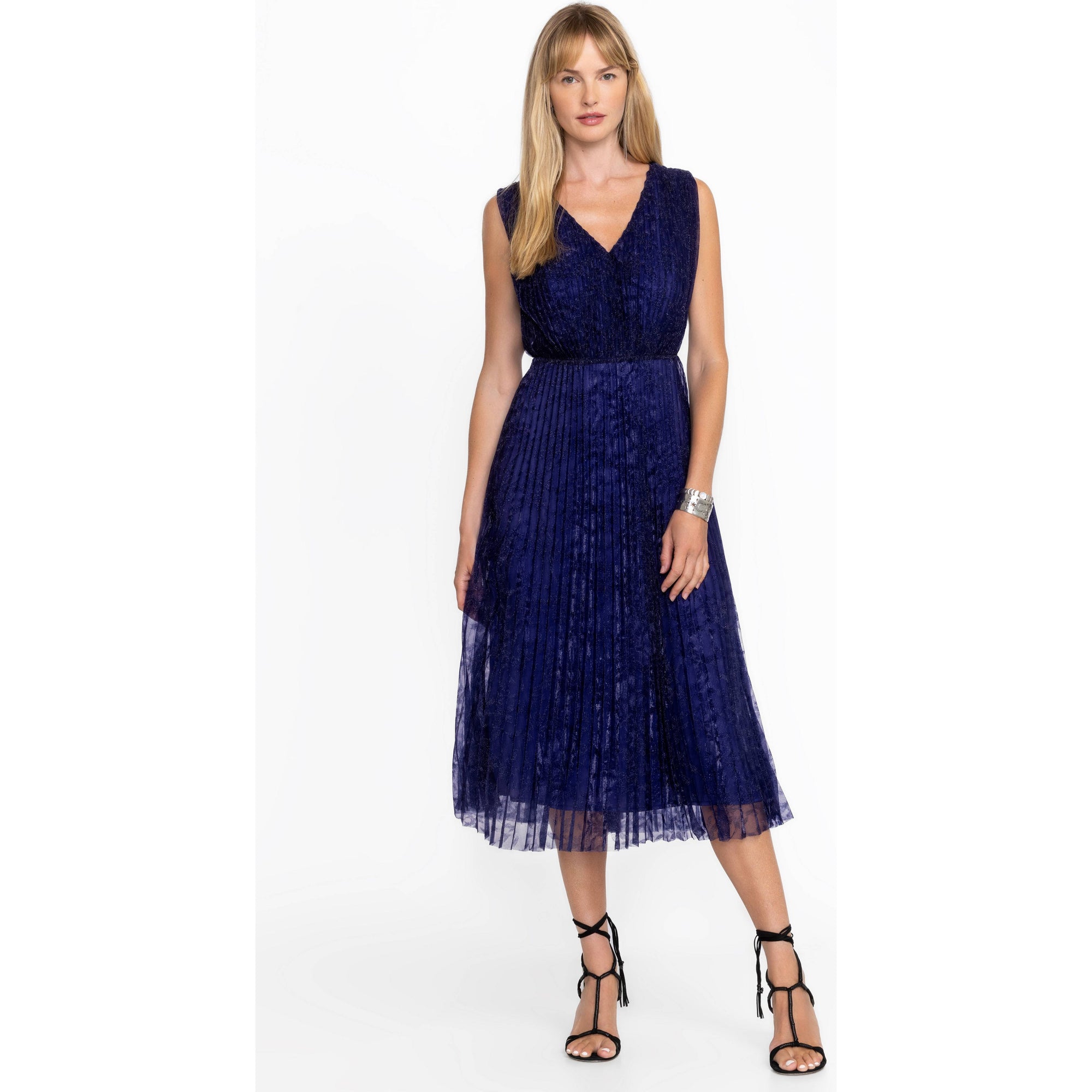 Johnny Was Clario Pleated Midi Dress in Electric Blue 