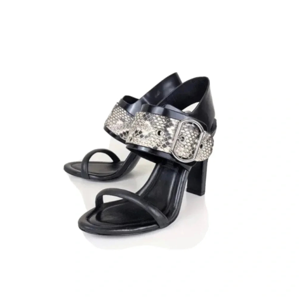 BCBGMaxAzria Nell Sandals Heels Leather in Black Snake
