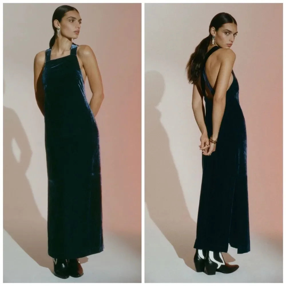 Anthropologie Navy Halter Velvet Maxi Dress