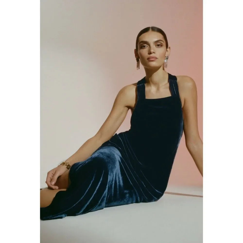 Anthropologie Navy Halter Velvet Maxi Dress