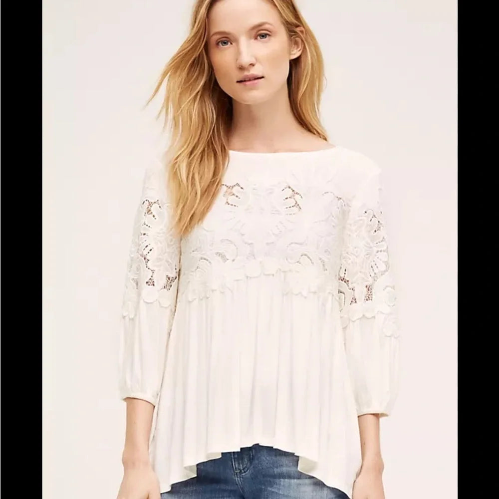 Deletta by Anthropologie White Embroidered Desi Blouse 