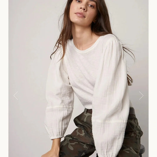Velvet by Graham & SpencerJayla Puff Sleeve Top Cotton‎ Gauze in White 