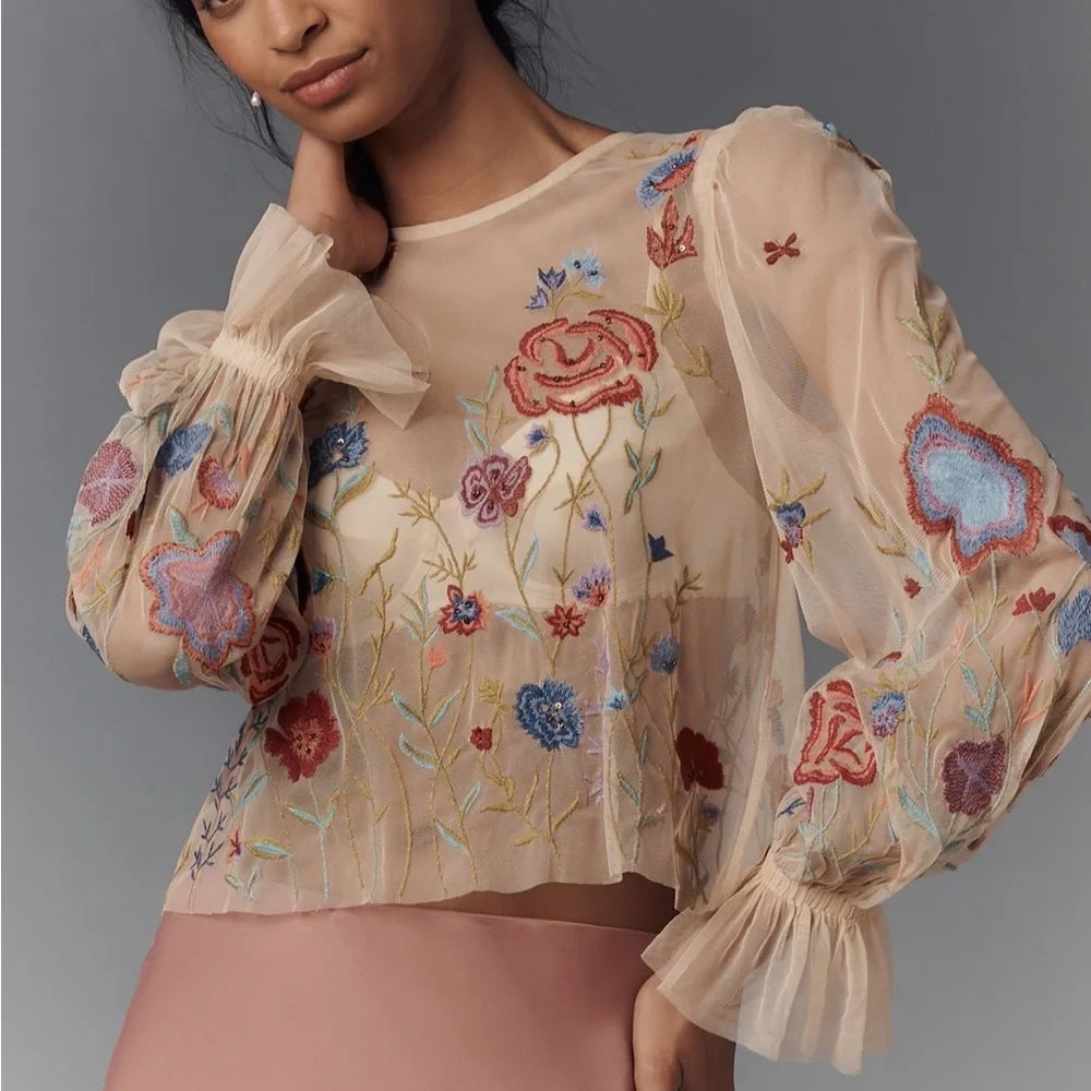 Antrhopologie The Layla Long Sleeve Appliqué Mesh Blouse 