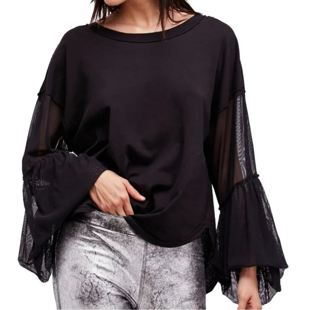 Free People Still Got It Black Mesh Bell Sleeve Whimsigoth Fairy Witchy in Black 