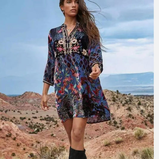 Johnny Was Clara Gweneth Burnout Tunic Dress in Embroidered Blue Floral