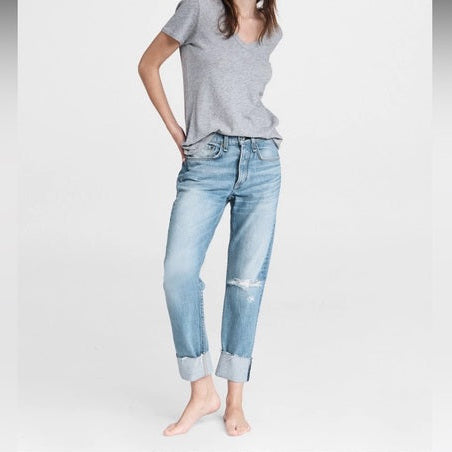 Rag & Bone Rosa Mid Rise Boyfriend Jeans in Distressed Blue
