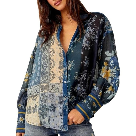 Free People Flower Patch Button Down Flowy Blouse in Indigo Blue