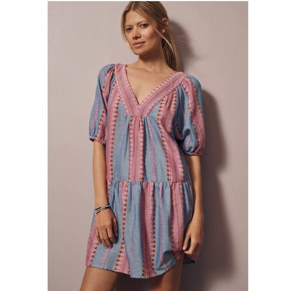 Velvet by Graham & Spencer Zoelle Chambray Blue & Pink Tiered Dress