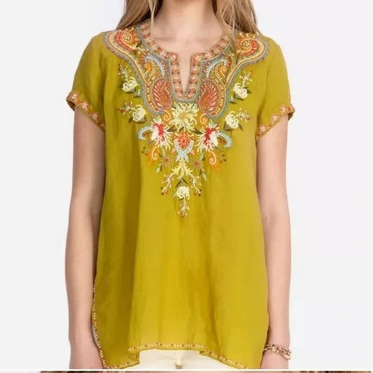 Johnny Was Workshop Tikal Boho Embroidered Swing Top in Viper Chartreuse Green