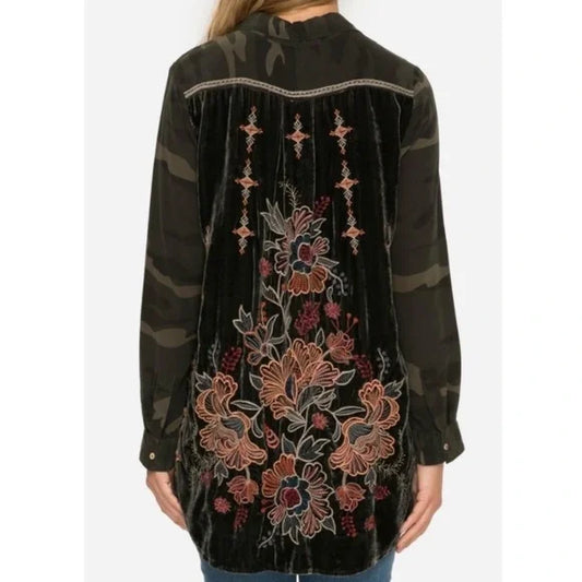 Johnny Was Valentina Velvet Embroidered Back Button Down in Camo/Green