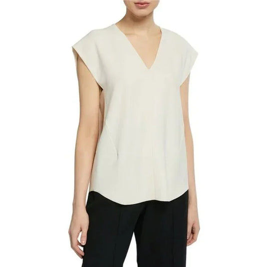 Vince V-Neck Blouse Cap Sleeve Top Ivory Crepe Career Business Casual