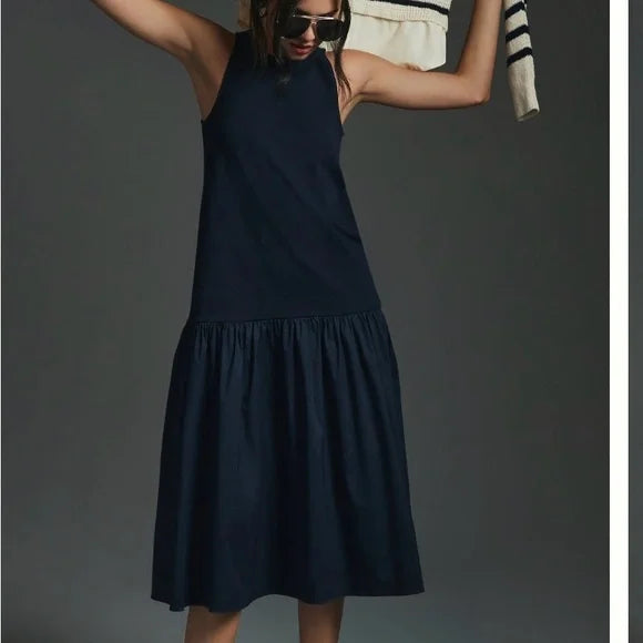 Maeve by Anthropologie Maeve Sleeveless Flounce Dress in Navy