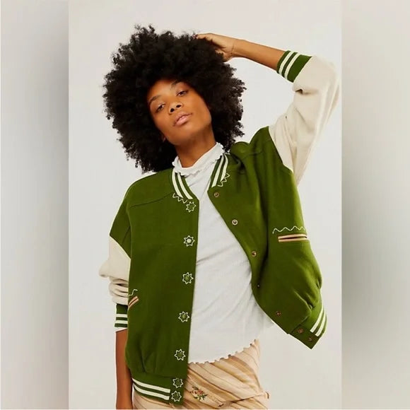 Free People Embroidered Wool Varsity Jacket in Green