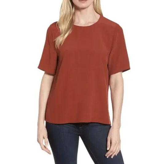Eileen Fisher Paprika Red Orange Tencel Viscose Crepe Blouse