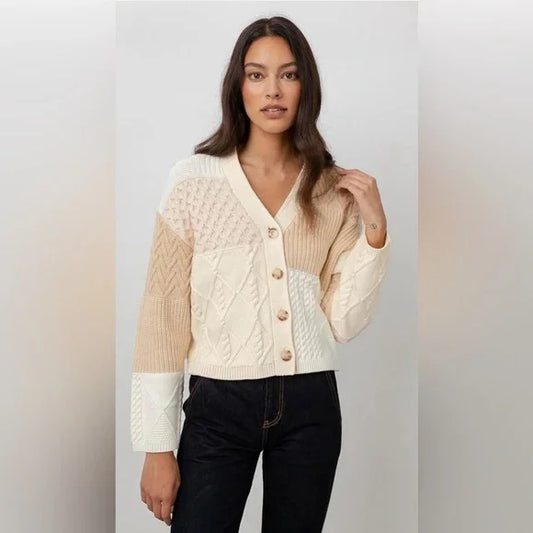 Rails Reece Cream Patchwork Boxy Cable Knit Cardigan