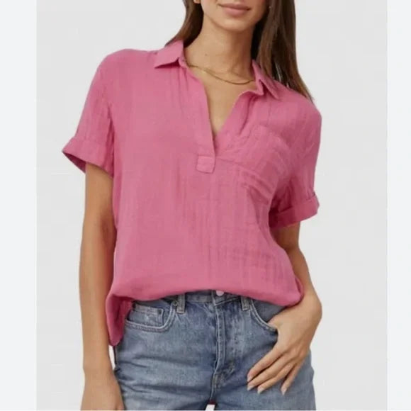 Rails Savannah Pink Punch Cuffed Sleeve Polo Button Down