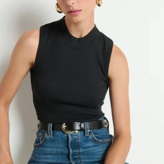 Nation Mock Neck Rib Knit Joan Tank Top in Black