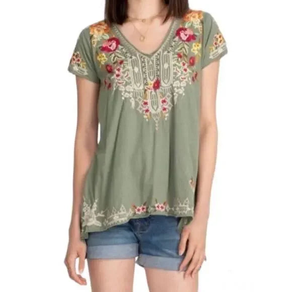 Johnny Was Izora Draped Cotton Embroidered Top in Tortoise Green