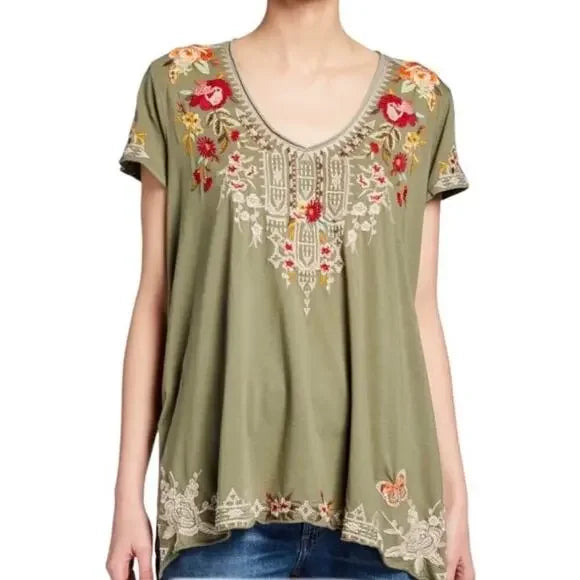 Johnny Was Izora Draped Cotton Embroidered Top in Tortoise Green