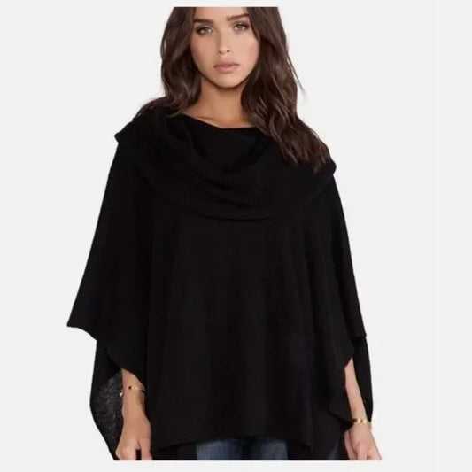 360 Cashmere Draped Cowl Neck Poncho Sweater in Black