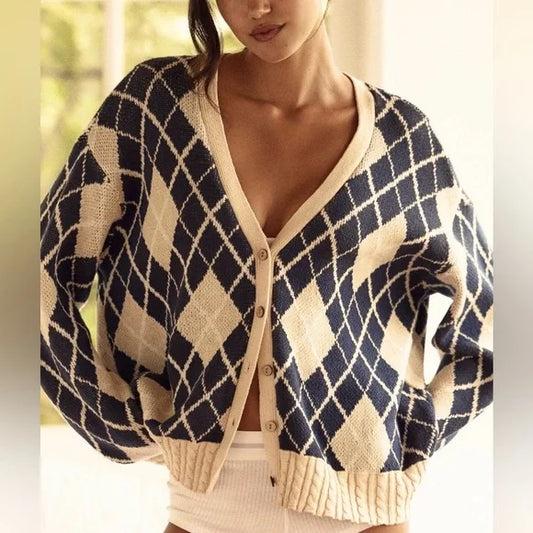 Lyre Bird by Anthropologie Cardigan Sweater in Argyle