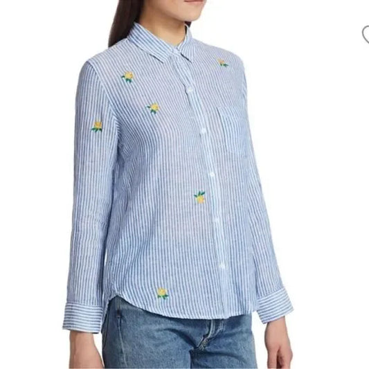 Rails Charli Blue Wite Vertical Stripes with Yellow/Green Embroidered Flowers