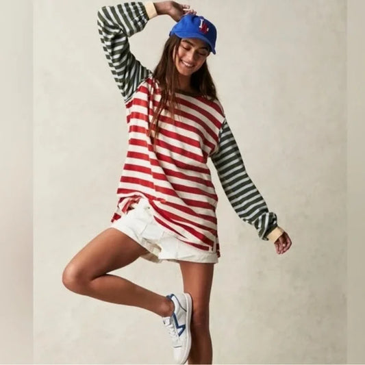 Free People Sawyer Stripe Tee in Kelp and Sienna