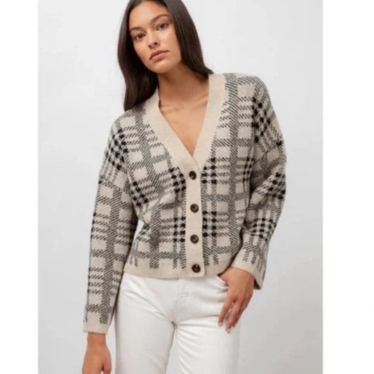 Rails Reese Cardigan in Wool Blend Oatmeal Black Plaid