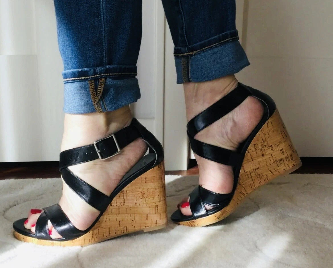 Cole Haan Jillian Wedge Black Platform Leather Sandals