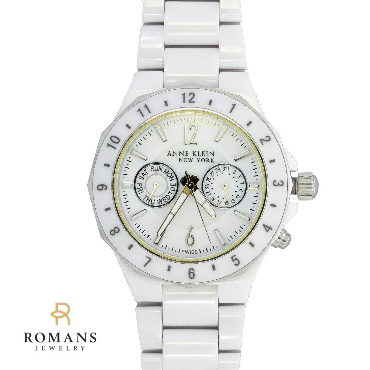 Anne Klein Watch White Ceramic Day & Date Ladies 