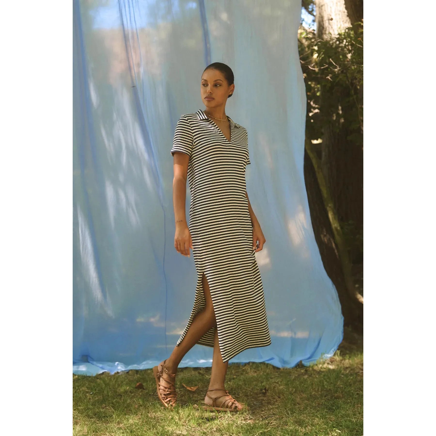 Velvet by Graham & Spencer Khan Jersey Stripe Midi Dress in Navy
