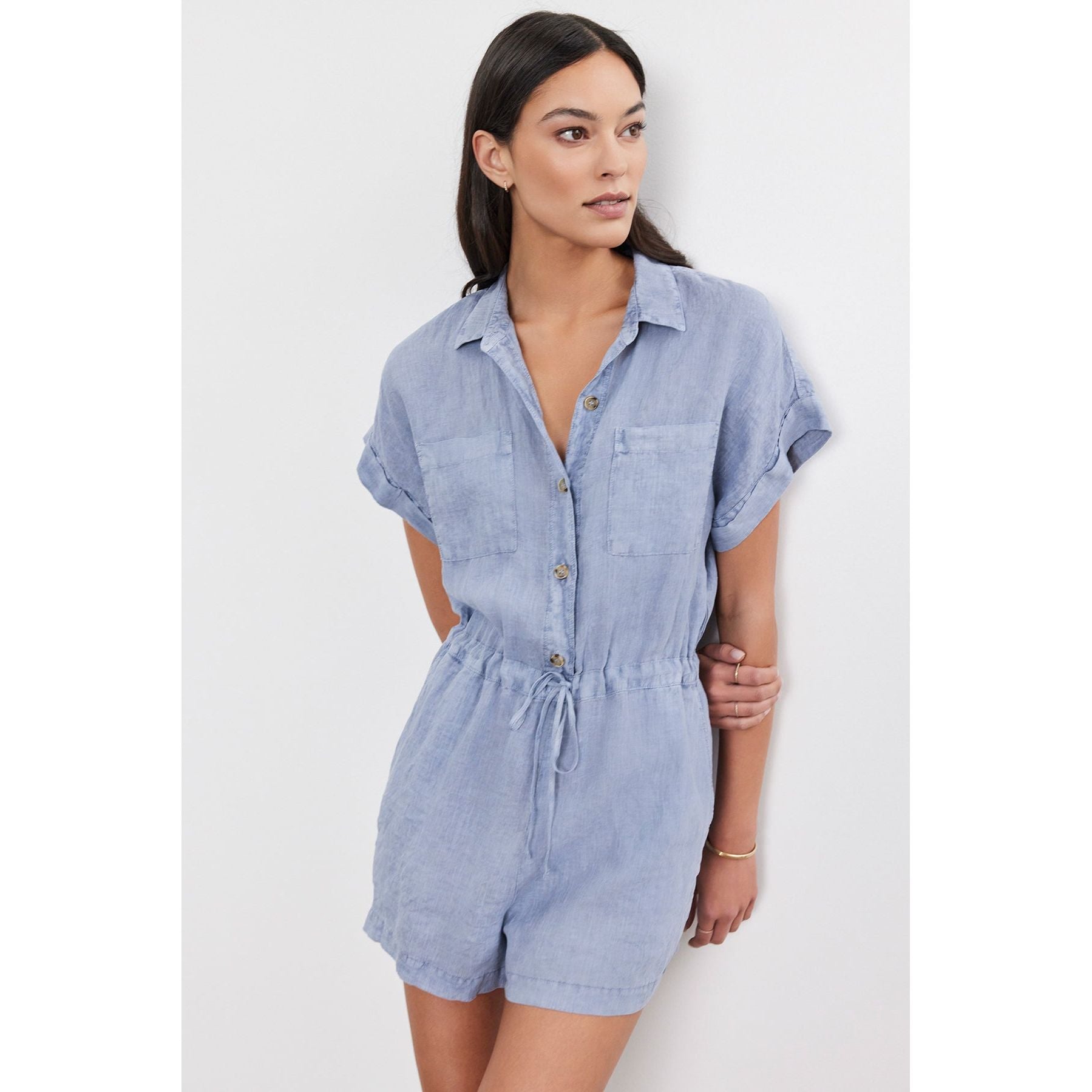 Velvet by Graham and Spencer Claire Linen Romper in Blue Haze